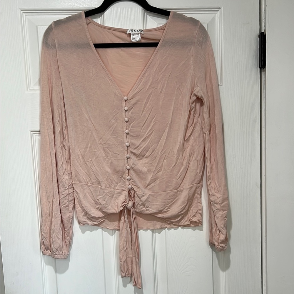 VENUS Pink Long Sleeve Tie Front Blouse